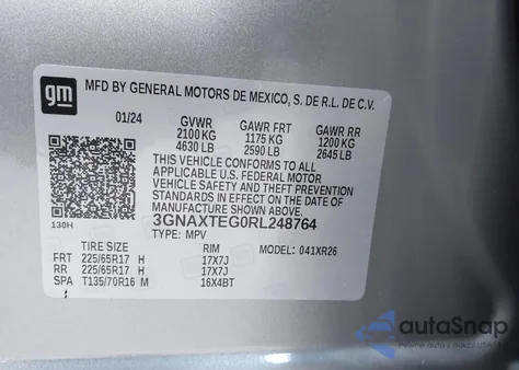 2024 Chevrolet Equinox Awd 2Fl from USA, damaged, VIN 3GNAXTEG0RL248764
